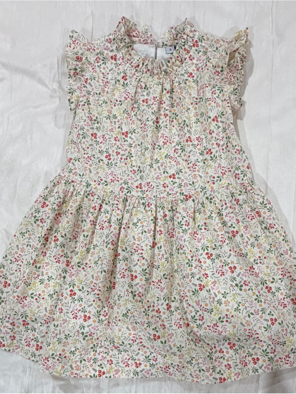 Busy Bees Girls' Cream Floral Ruffle Sleeve Dress